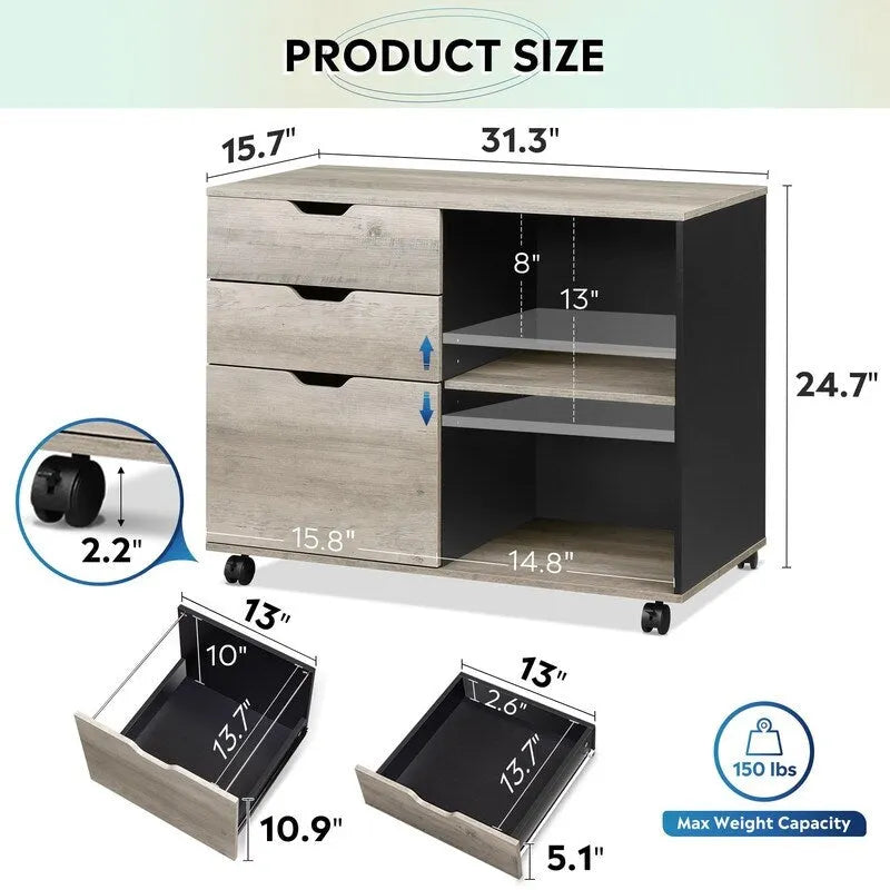 Caisson de classement mobile avec tiroirs – Marron rustique / Noir / Greige / Blanc, 1 personne