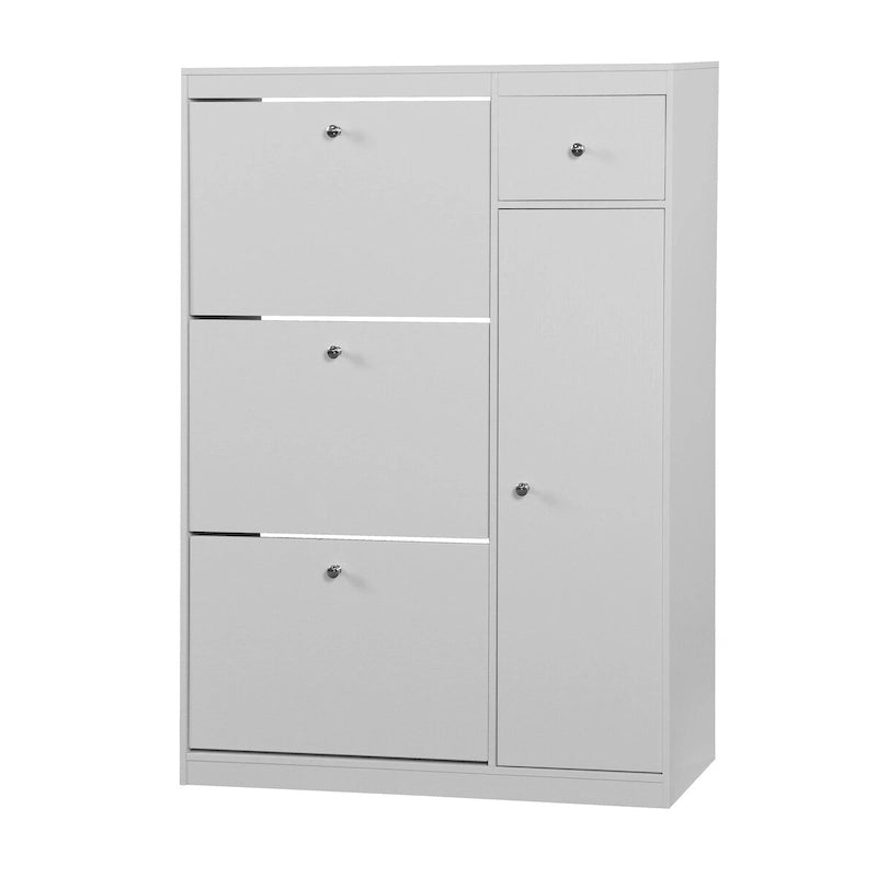 Meuble à chaussures blanc avec tiroirs basculants et rangement latéral pour bottes, 4 niveaux, 1 à 2 personnes