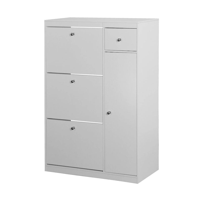 Meuble à chaussures blanc avec tiroirs basculants et rangement latéral pour bottes, 4 niveaux, 1 à 2 personnes