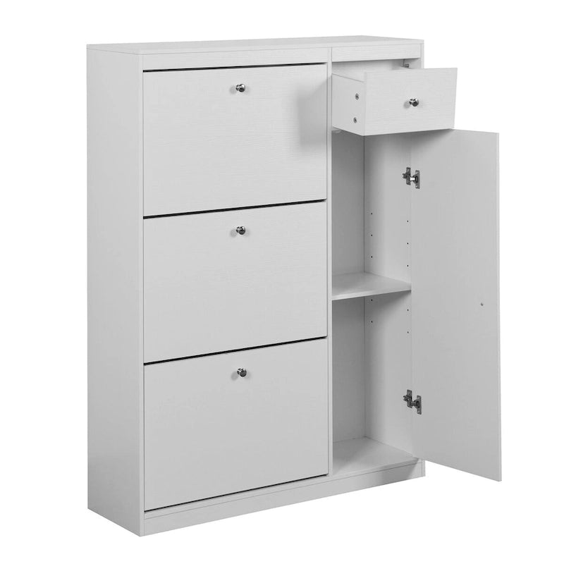 Meuble à chaussures blanc avec tiroirs basculants et rangement latéral pour bottes, 4 niveaux, 1 à 2 personnes