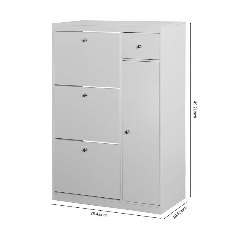 Meuble à chaussures blanc avec tiroirs basculants et rangement latéral pour bottes, 4 niveaux, 1 à 2 personnes