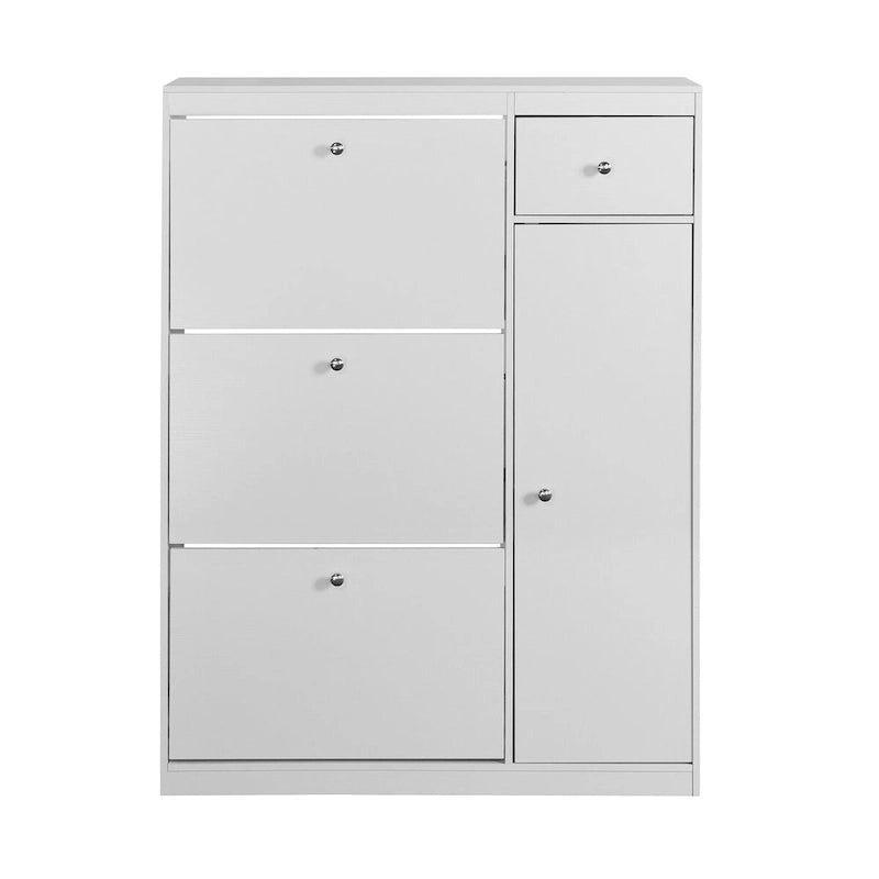 Meuble à chaussures blanc avec tiroirs basculants et rangement latéral pour bottes, 4 niveaux, 1 à 2 personnes