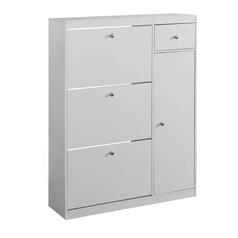 Meuble à chaussures blanc avec tiroirs basculants et rangement latéral pour bottes, 4 niveaux, 1 à 2 personnes