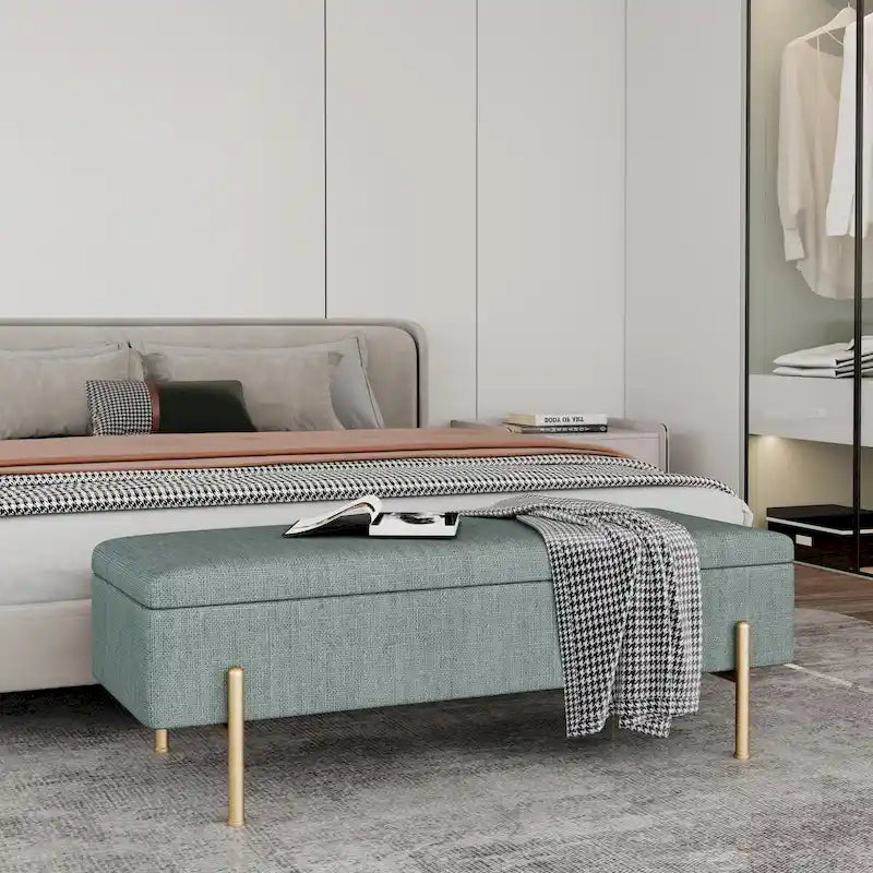 Banc de rangement capitonné en chenille verte avec pieds dorés, 1 place