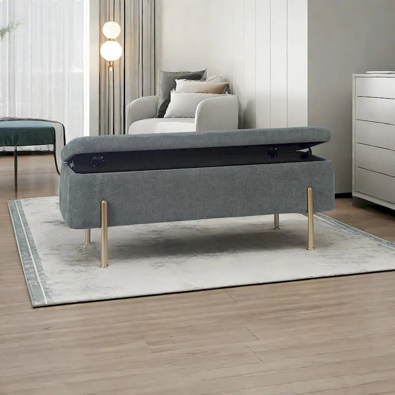 Banc de rangement capitonné en chenille verte avec pieds dorés, 1 place