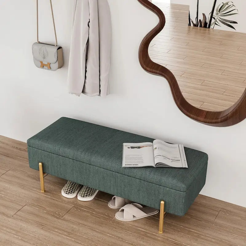 Banc de rangement capitonné en chenille verte avec pieds dorés, 1 place
