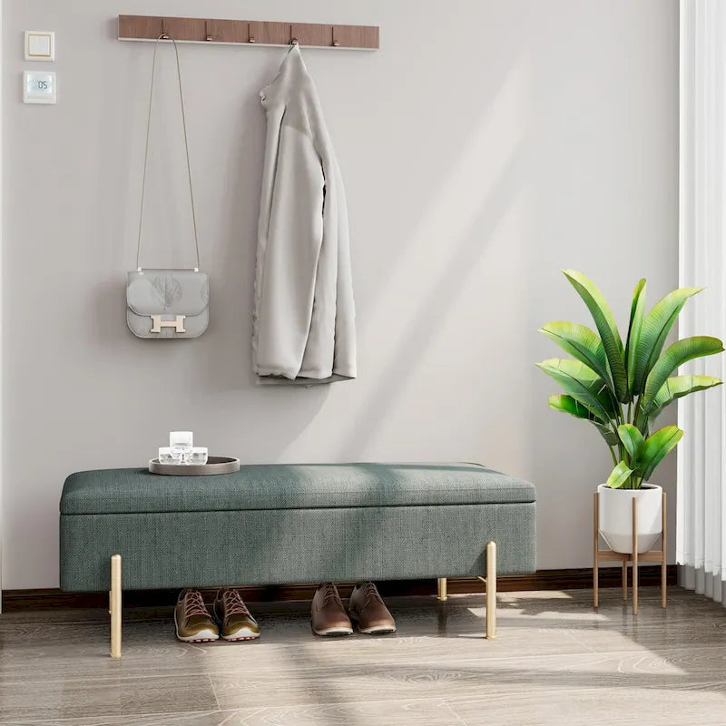 Banc de rangement capitonné en chenille verte avec pieds dorés, 1 place