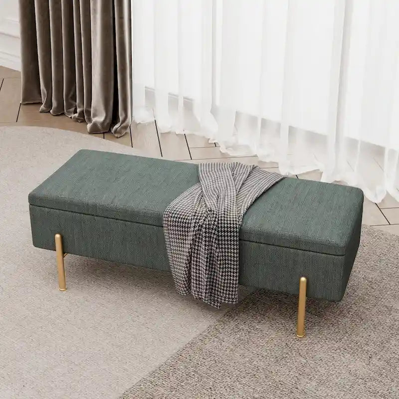 Banc de rangement capitonné en chenille verte avec pieds dorés, 1 place