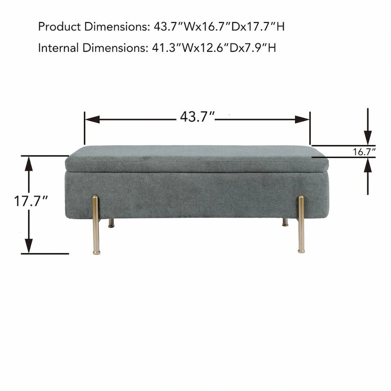 Banc de rangement capitonné en chenille verte avec pieds dorés, 1 place