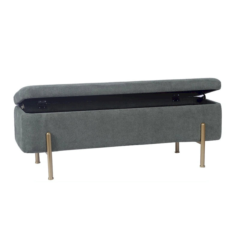 Banc de rangement capitonné en chenille verte avec pieds dorés, 1 place
