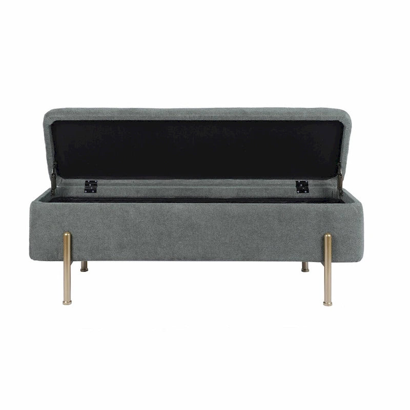 Banc de rangement capitonné en chenille verte avec pieds dorés, 1 place