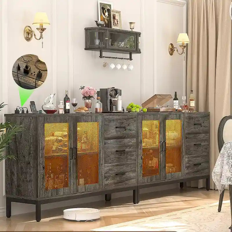 Buffet en bois marron avec lumières LED et station de charge, 115 cm de large, 1 personne