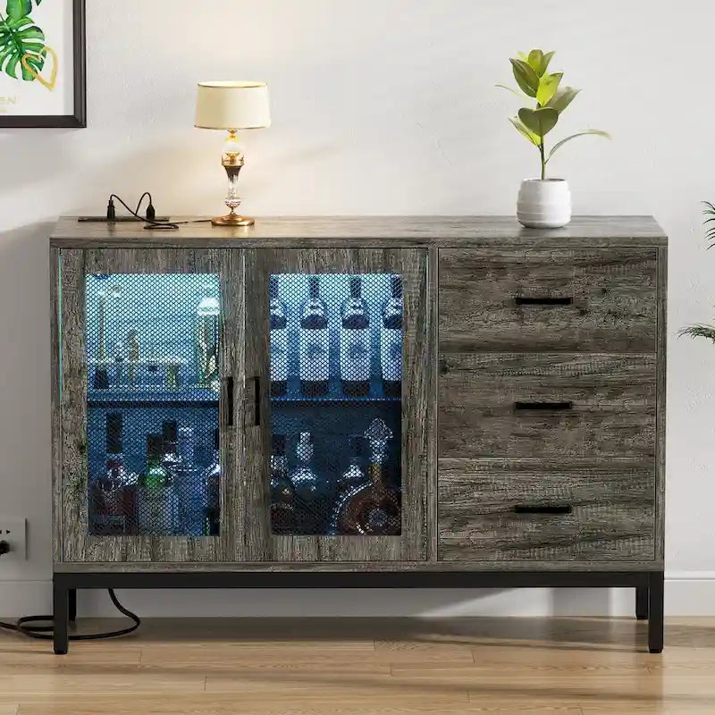 Buffet en bois marron avec lumières LED et station de charge, 115 cm de large, 1 personne