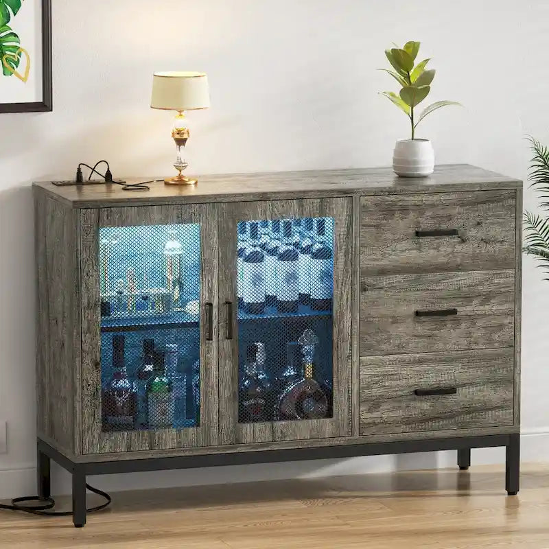 Buffet en bois marron avec lumières LED et station de charge, 115 cm de large, 1 personne