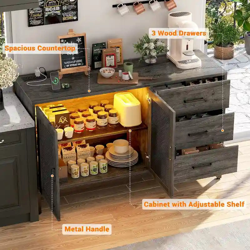 Buffet en bois marron avec lumières LED et station de charge, 115 cm de large, 1 personne
