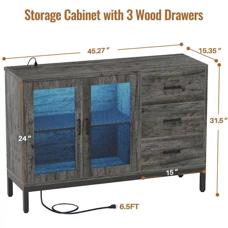 Buffet en bois marron avec lumières LED et station de charge, 115 cm de large, 1 personne