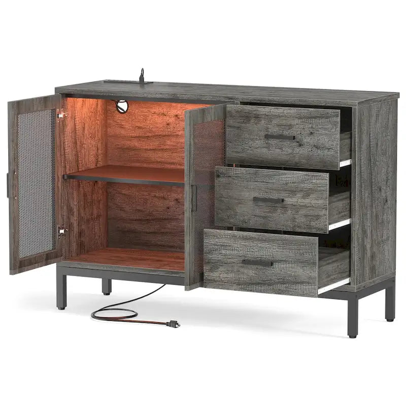 Buffet en bois marron avec lumières LED et station de charge, 115 cm de large, 1 personne
