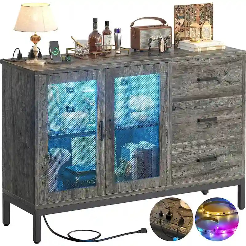 Buffet en bois marron avec lumières LED et station de charge, 115 cm de large, 1 personne