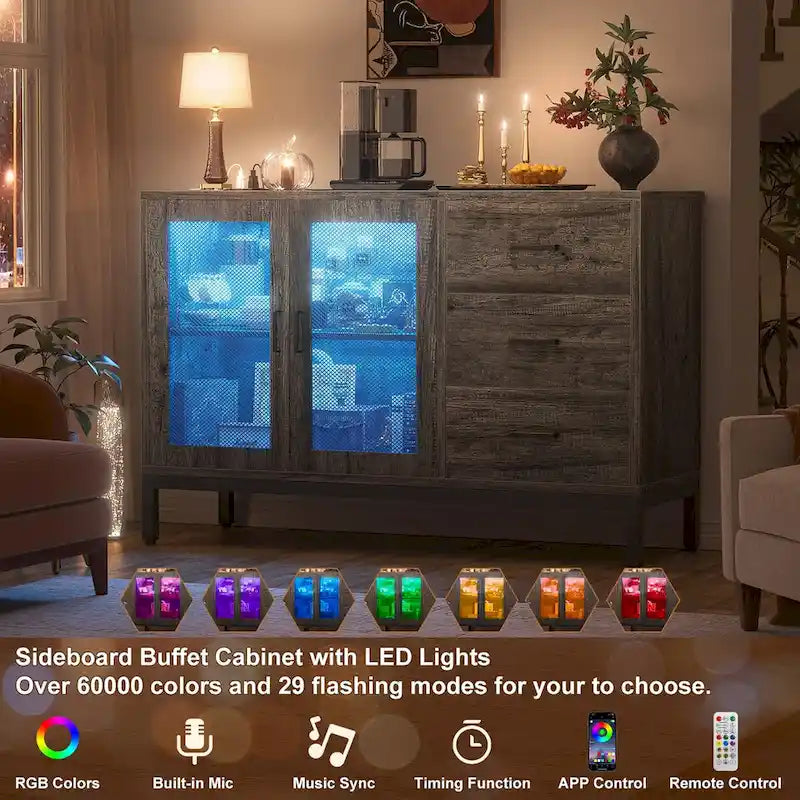 Buffet en bois marron avec lumières LED et station de charge, 115 cm de large, 1 personne