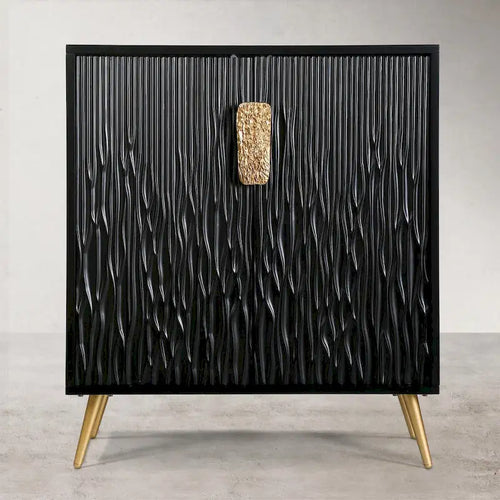 Buffet 2 portes noir et doré, style moderne du milieu du siècle