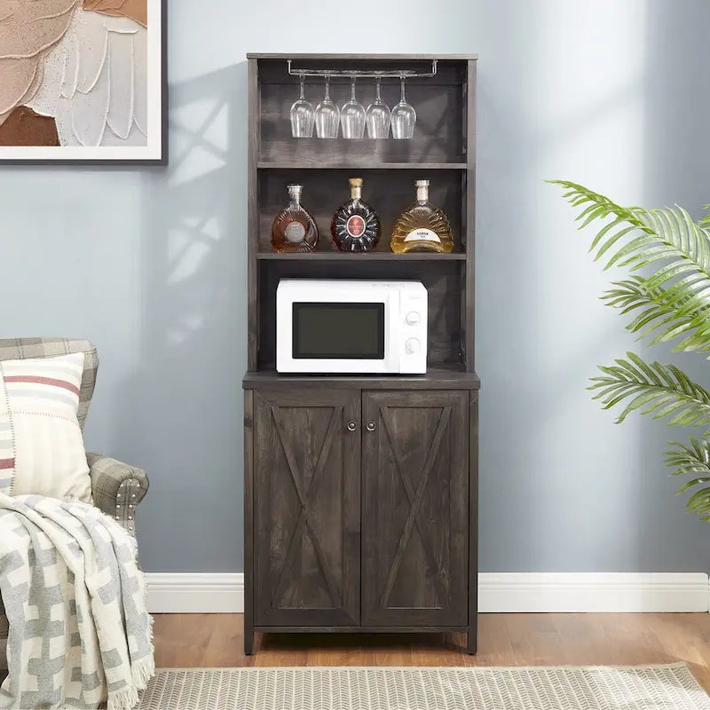 Coffee Bar Cabinet with Microwave Stand Metal Frame Side Home Source Bar Cabinet Cabinet and Hollow out Barn Design Wood Cabinet