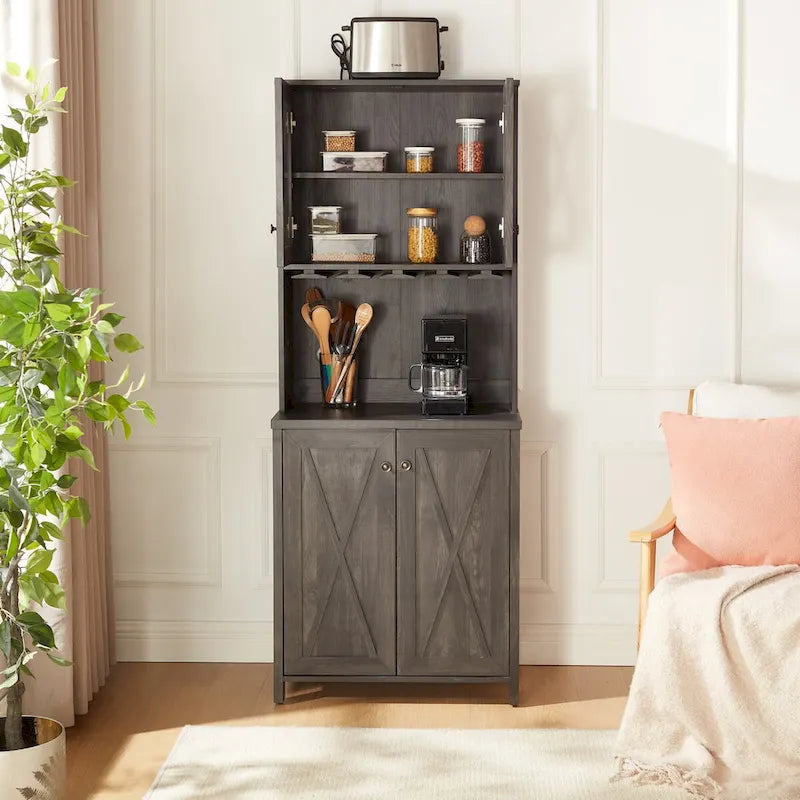 Meuble café bar en bois marron avec support micro-ondes, cadre en métal, portes en verre, unité simple