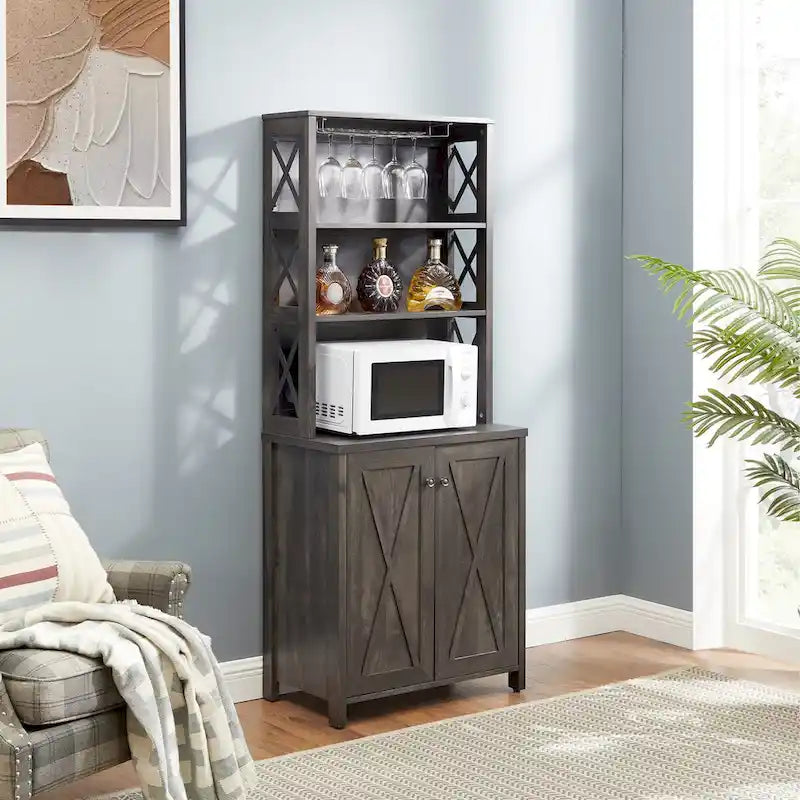 Meuble café bar en bois marron avec support micro-ondes, cadre en métal, portes en verre, unité simple