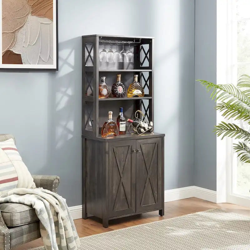 Meuble café bar en bois marron avec support micro-ondes, cadre en métal, portes en verre, unité simple