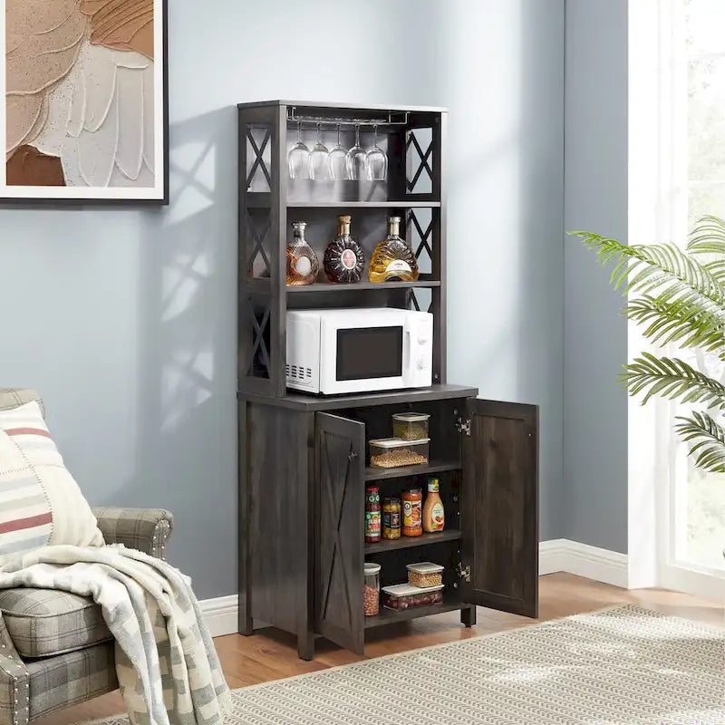 Meuble café bar en bois marron avec support micro-ondes, cadre en métal, portes en verre, unité simple