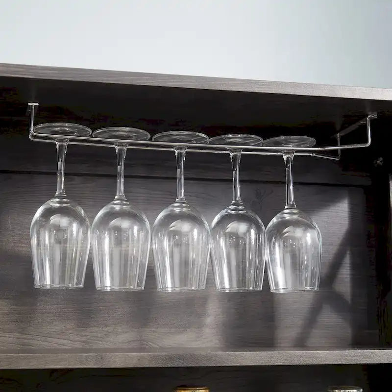 Meuble café bar en bois marron avec support micro-ondes, cadre en métal, portes en verre, unité simple