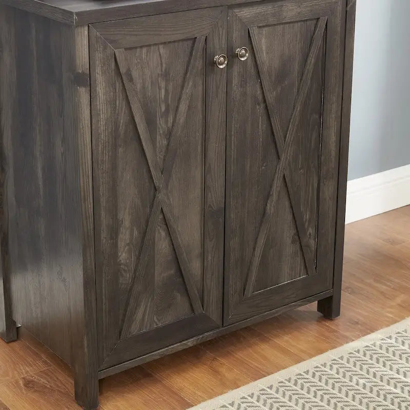 Meuble café bar en bois marron avec support micro-ondes, cadre en métal, portes en verre, unité simple