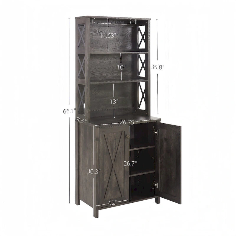 Meuble café bar en bois marron avec support micro-ondes, cadre en métal, portes en verre, unité simple