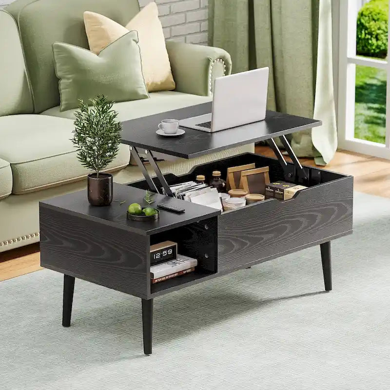 Table basse relevable noire/marron avec rangement intégré, en bois, 1 place