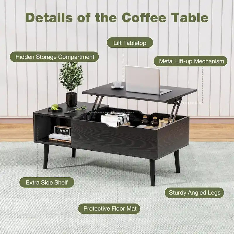Table basse relevable noire/marron avec rangement intégré, en bois, 1 place