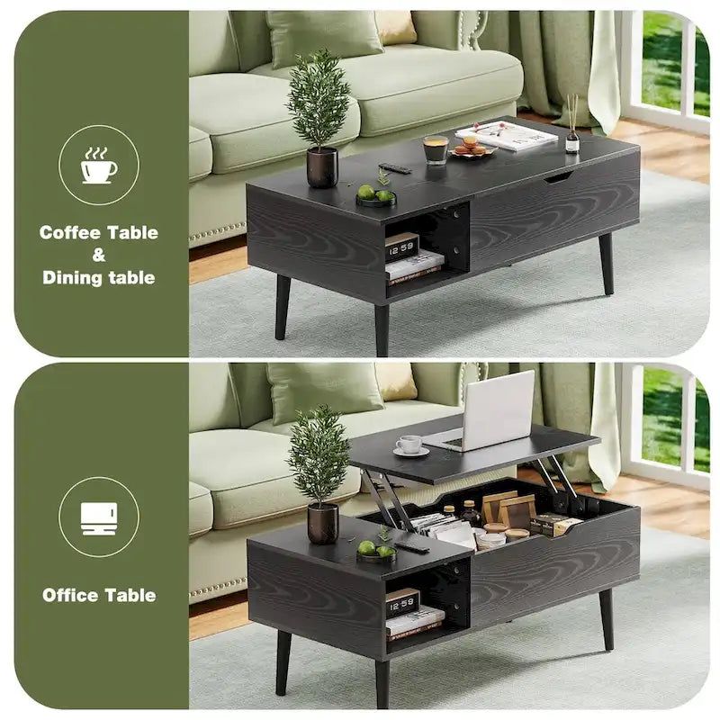 Table basse relevable noire/marron avec rangement intégré, en bois, 1 place
