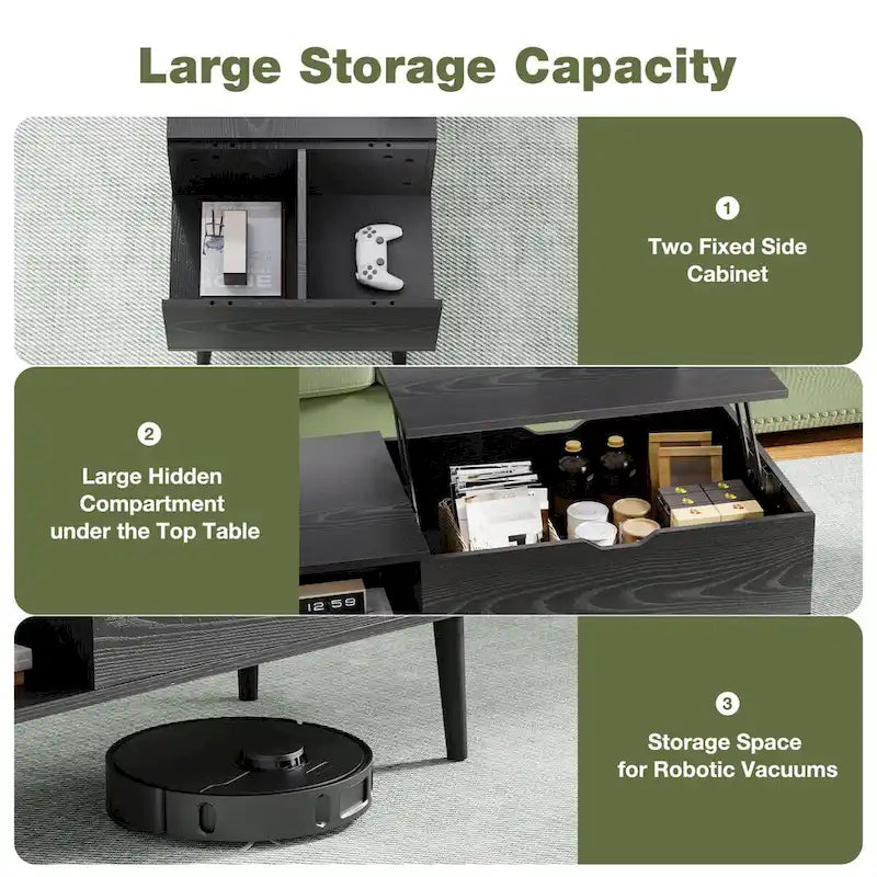 Table basse relevable noire/marron avec rangement intégré, en bois, 1 place