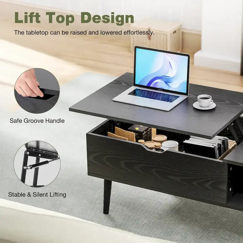 Table basse relevable noire/marron avec rangement intégré, en bois, 1 place