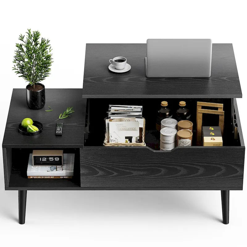 Table basse relevable noire/marron avec rangement intégré, en bois, 1 place