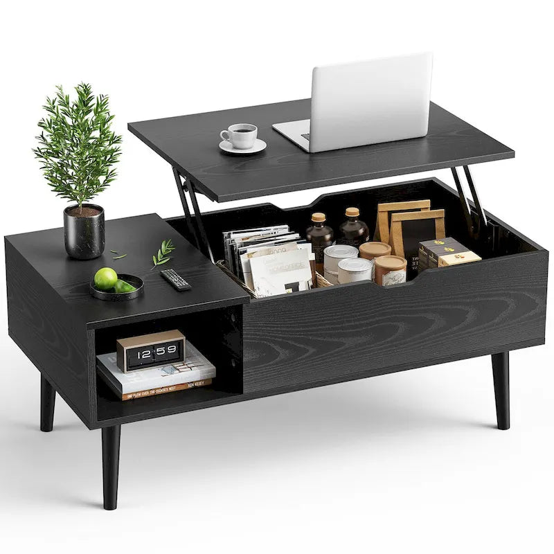 Table basse relevable noire/marron avec rangement intégré, en bois, 1 place