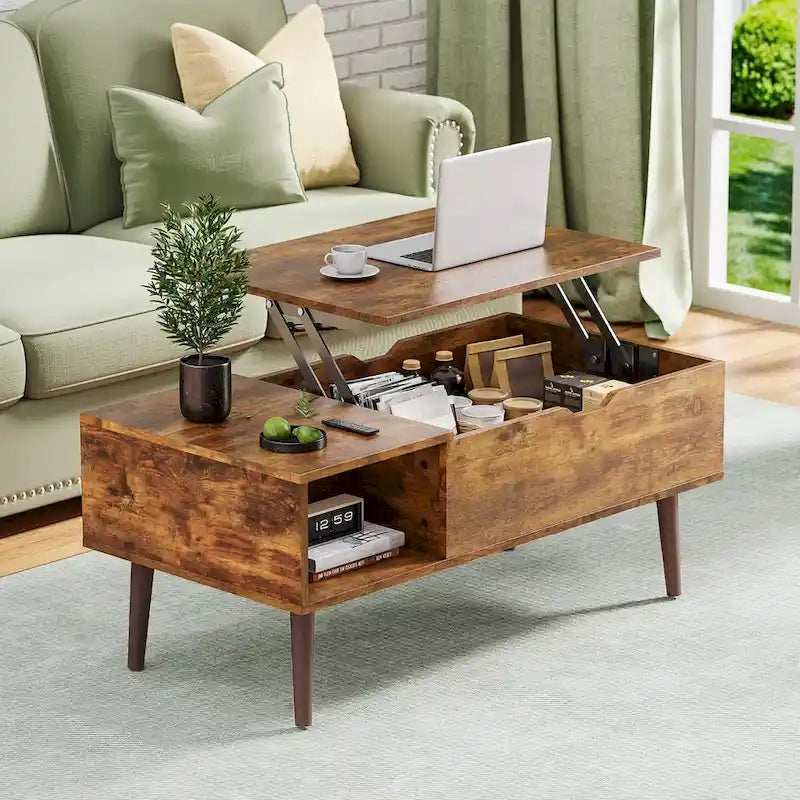 Table basse relevable noire/marron avec rangement intégré, en bois, 1 place