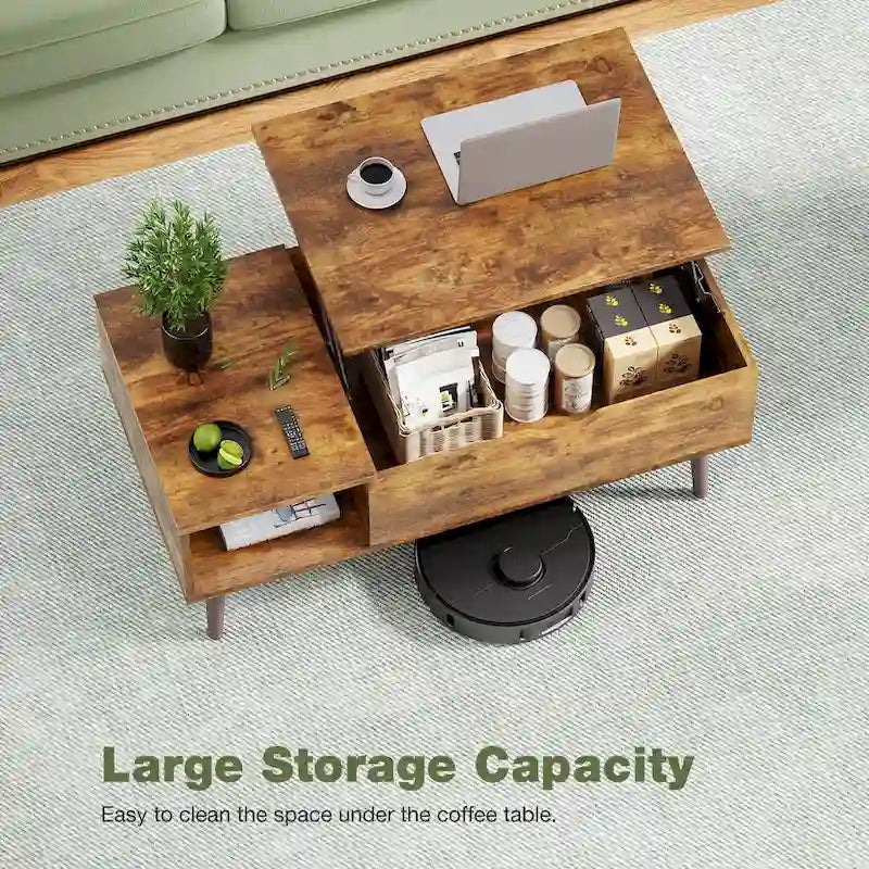Table basse relevable noire/marron avec rangement intégré, en bois, 1 place