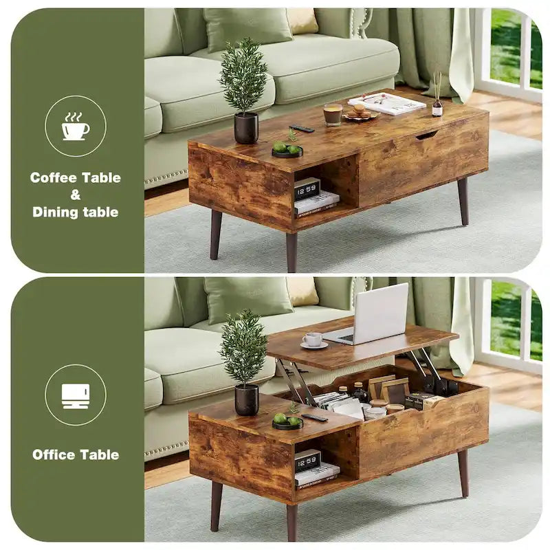Table basse relevable noire/marron avec rangement intégré, en bois, 1 place