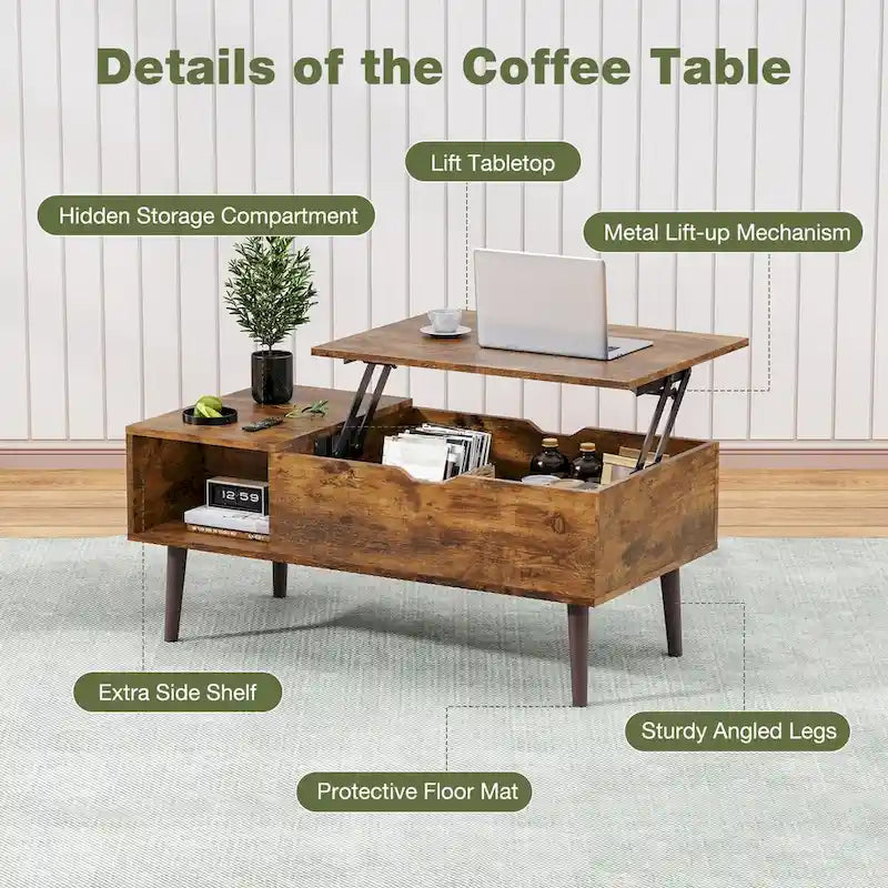 Table basse relevable noire/marron avec rangement intégré, en bois, 1 place