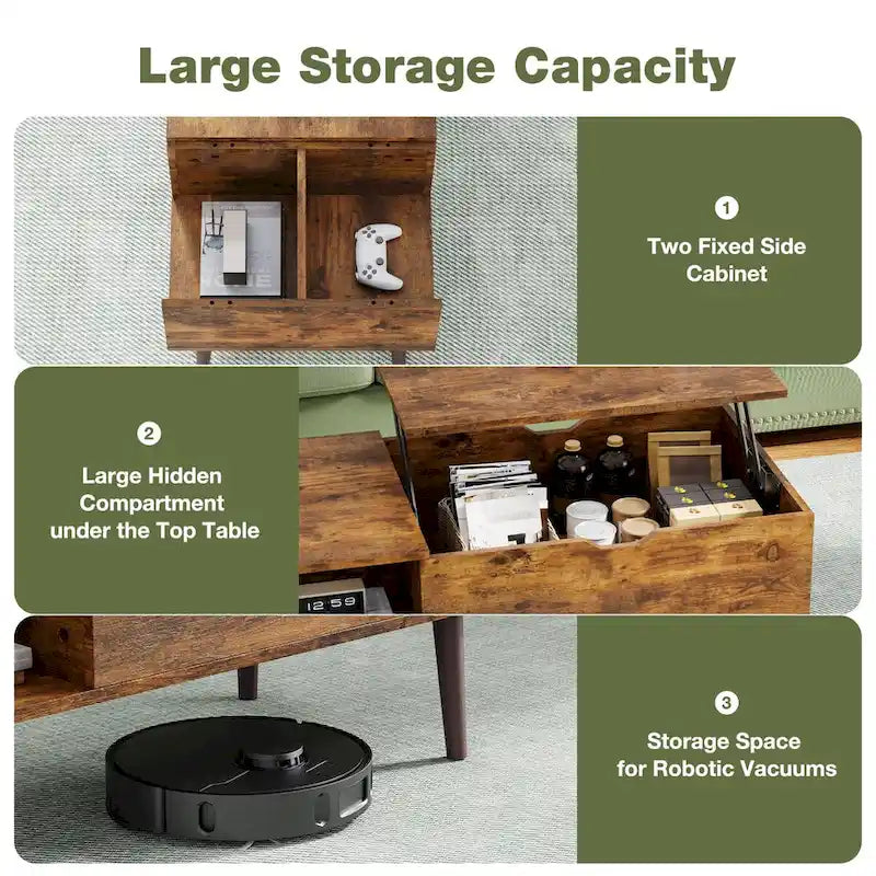 Table basse relevable noire/marron avec rangement intégré, en bois, 1 place