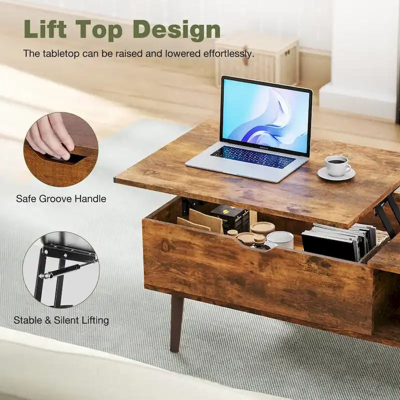 Table basse relevable noire/marron avec rangement intégré, en bois, 1 place