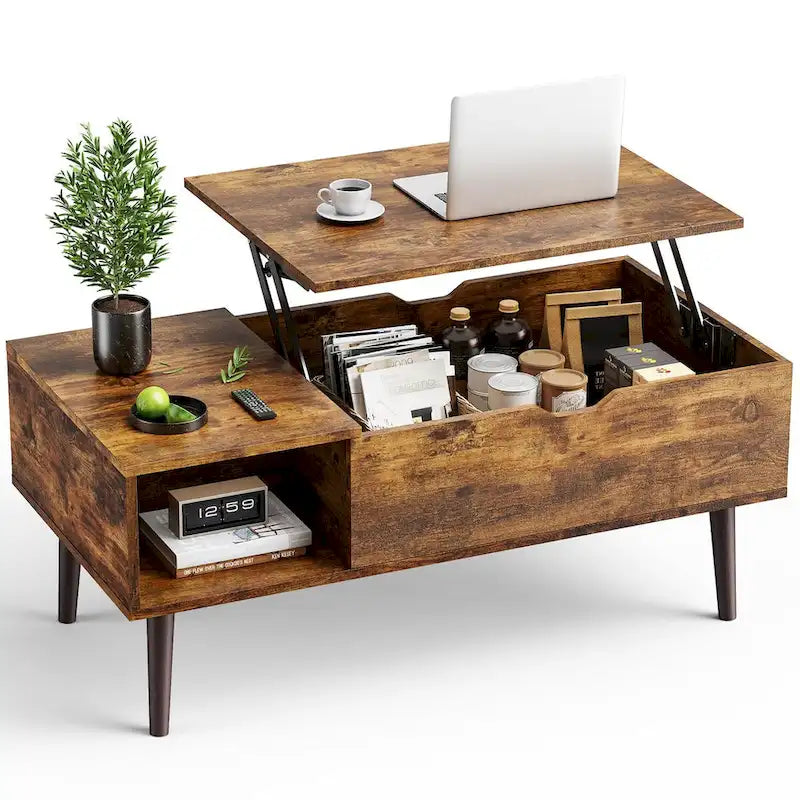 Table basse relevable noire/marron avec rangement intégré, en bois, 1 place