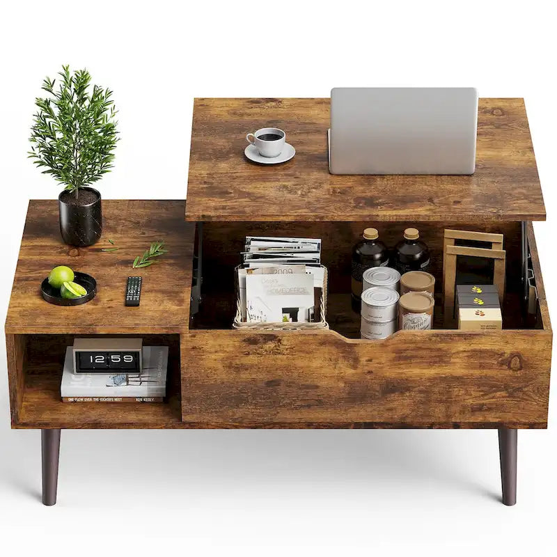 Table basse relevable noire/marron avec rangement intégré, en bois, 1 place
