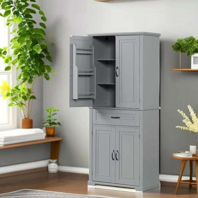 Meuble de rangement haut, finition bois gris, 4 portes et 1 tiroir