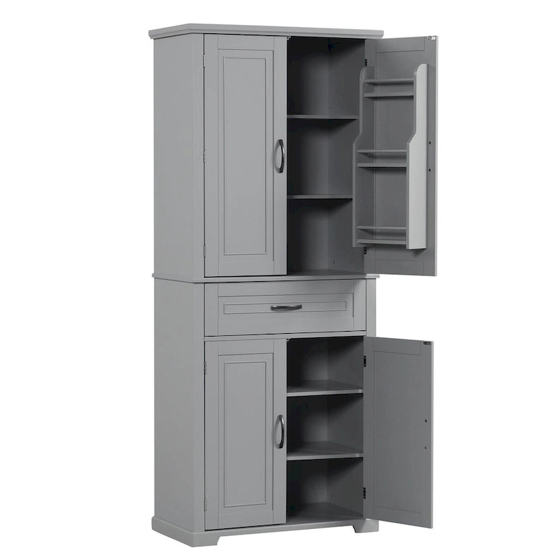 Meuble de rangement haut, finition bois gris, 4 portes et 1 tiroir
