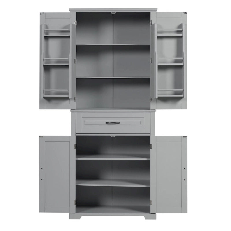 Meuble de rangement haut, finition bois gris, 4 portes et 1 tiroir